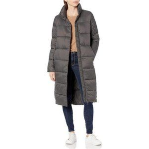 Women's Lightweight Water-Resistant Longer Length Cocoon Puffer Coat, Charcoal
